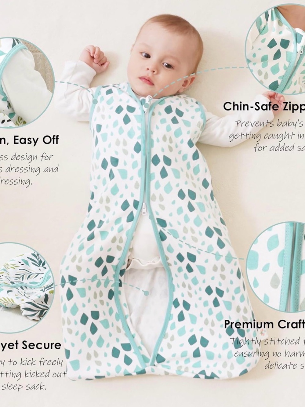 3-Pack Teal & White Leaf Print Baby Sleep Sacks - Picture 3 of 5